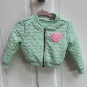NWOT Young Hearts 12M Green & Pink Heart Shiny Girls Bomber Jacket